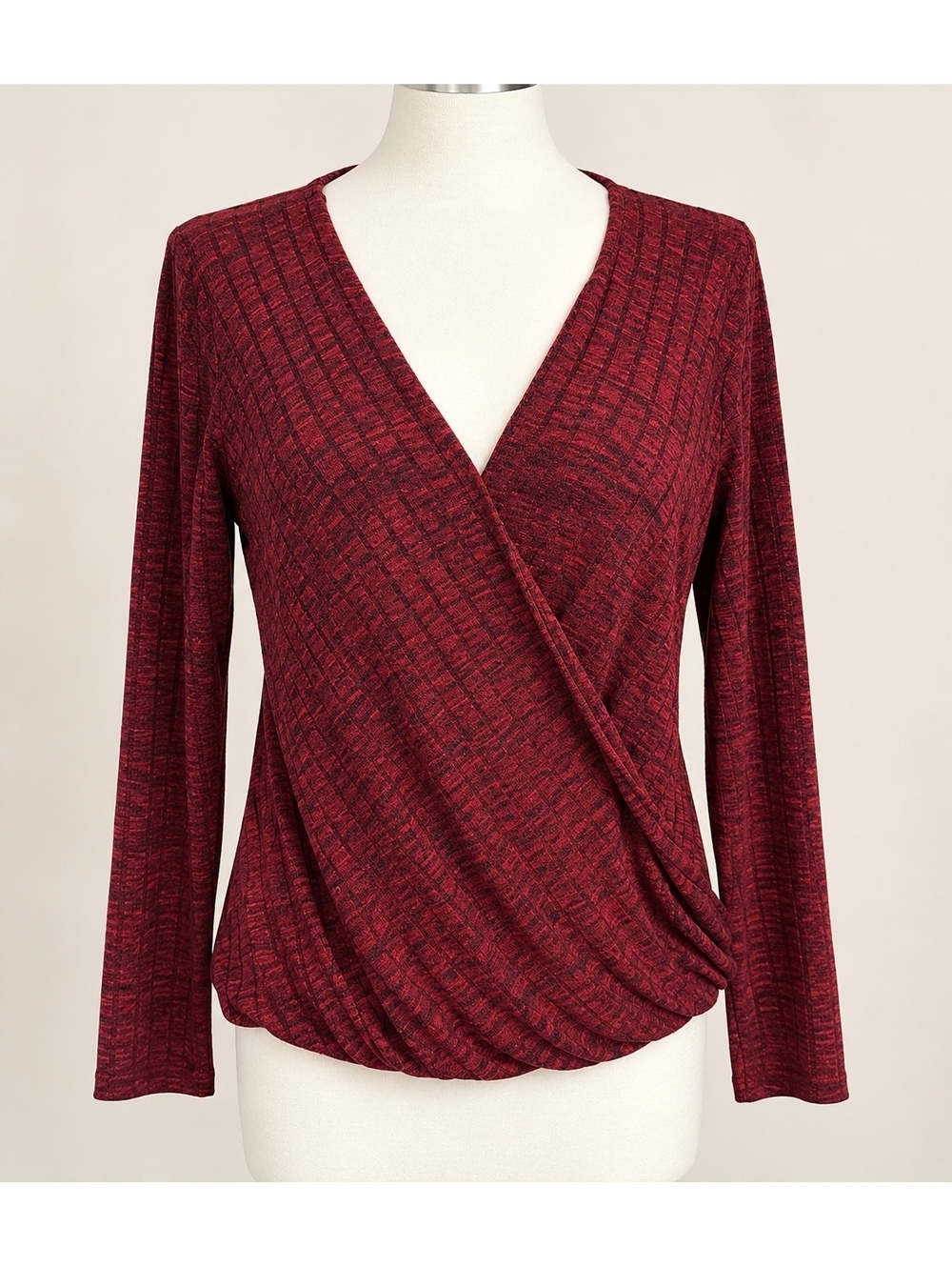 Rock & Republic Women’s XL Burgundy Faux Wrap V Neck Long Sleeve Stretch Top